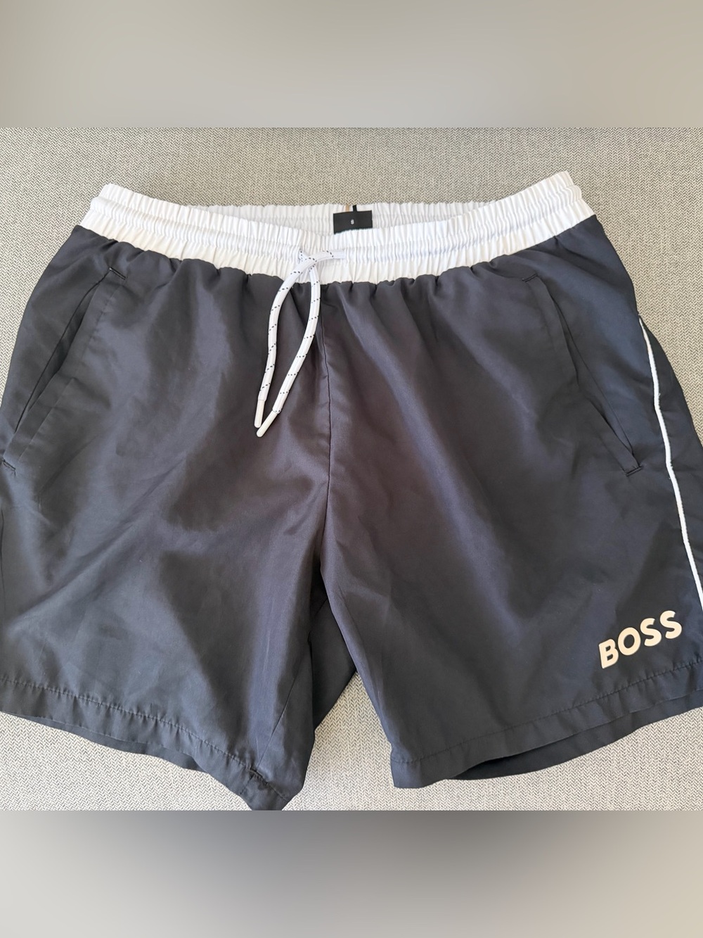 Hugo Boss Men's Black Swim Shorts with White Elastic Waistband